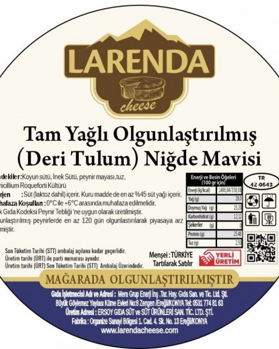 LARENDA CHEESE DERİ TULUM NİĞDE MAVİSİ 500gr